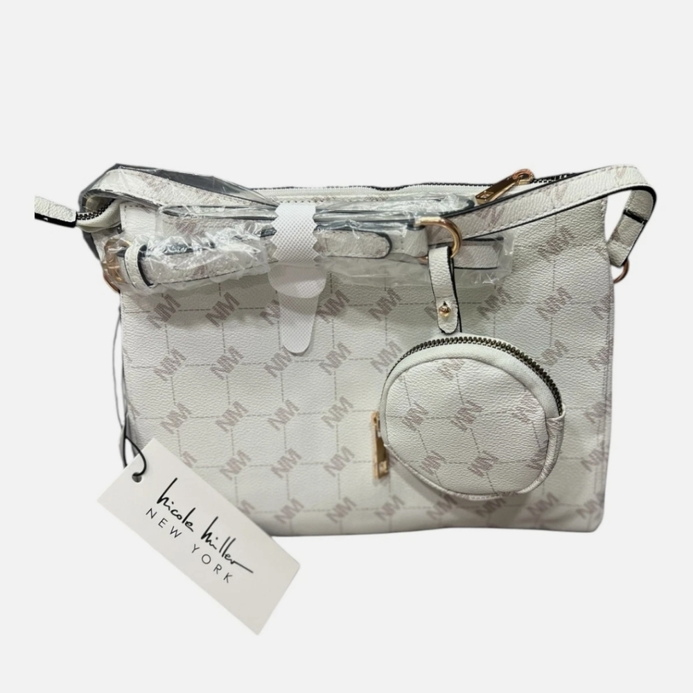 Nicole Miller Crème Gold Logo Hardware Shoulder Crossbody Bag Purse w Pouch NWT
